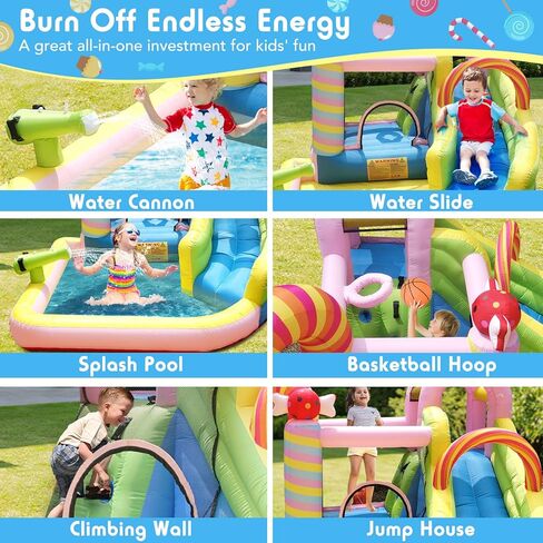 Dinosaur Inflatable Water Slide Park - 6-in-1 Bounce House with Slide, Jump Area, Splash Pool, Climbing Wall & Basketball Hoop | 480W Blower Included | Indoor/Outdoor Backyard Play for Kids 3-10 in Kuwait