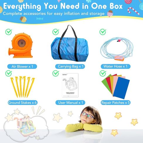 Dinosaur Inflatable Water Slide Park - 6-in-1 Bounce House with Slide, Jump Area, Splash Pool, Climbing Wall & Basketball Hoop | 480W Blower Included | Indoor/Outdoor Backyard Play for Kids 3-10 in Kuwait