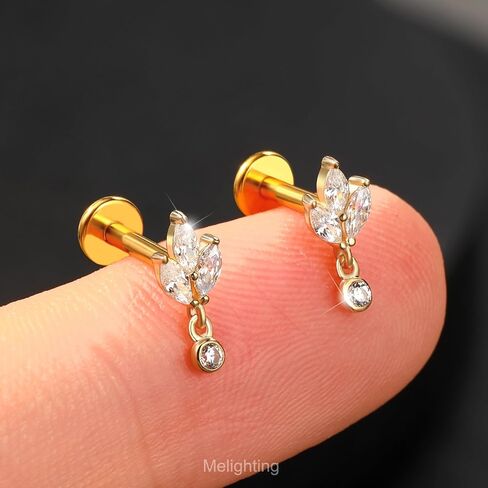 Melighting 14K Solid Gold Threadless Flat Back Leaf Titanium Helix 16G 6/8mm Cartilage Earring for Women in Saudi Arabia