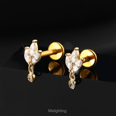 Melighting 14K Solid Gold Threadless Flat Back Leaf Titanium Helix 16G 6/8mm Cartilage Earring for Women in Saudi Arabia