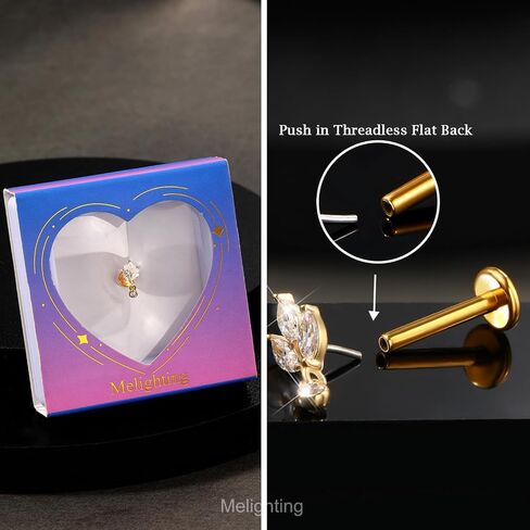 Melighting 14K Solid Gold Threadless Flat Back Leaf Titanium Helix 16G 6/8mm Cartilage Earring for Women in Saudi Arabia
