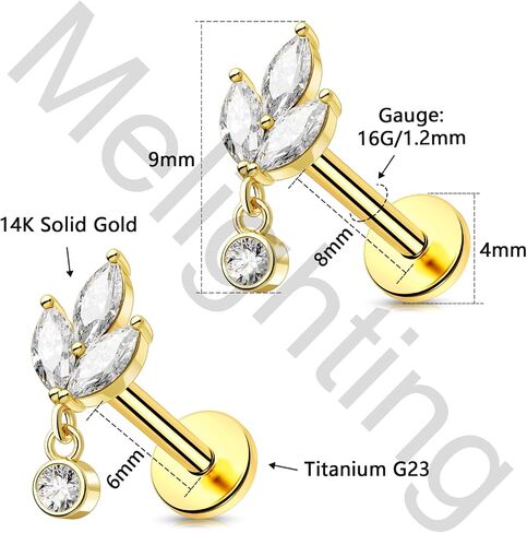 Melighting 14K Solid Gold Threadless Flat Back Leaf Titanium Helix 16G 6/8mm Cartilage Earring for Women in Saudi Arabia