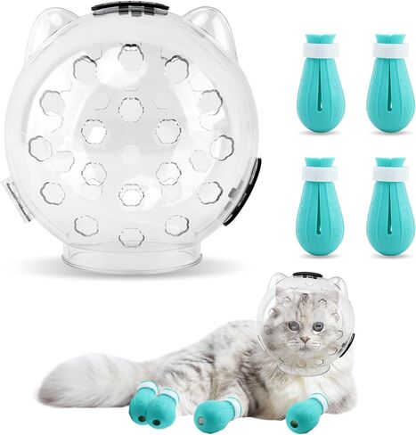 Cat Muzzle for Grooming, Adjustable Breathable Transparent Cat Astronaut Helmet with 4 Silicone Paw Shoes for Bath Nail Trimming(Size:M) in Kuwait