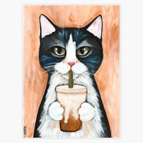 Tuxedo Cat مع ملصق القهوة المثلج فينيل شارات الجدار المحمول. in Saudi Arabia