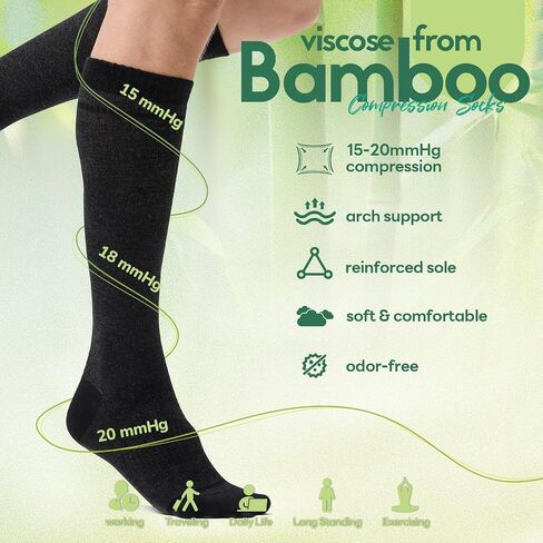 Mens Compression Socks for Men Women, 15-20 mmHg Bamboo Viscose Knee High Soft Support for Travel Daily in Saudi Arabia