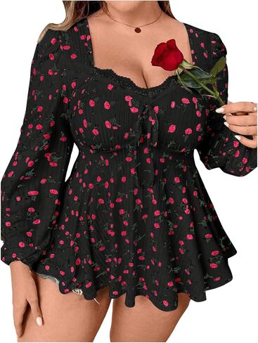 SOLY HUX Women's Plus Size T Shirt Floral Print Lace Trim Bishop Long Sleeve Ruffle Hem Tee Tops in Saudi Arabia