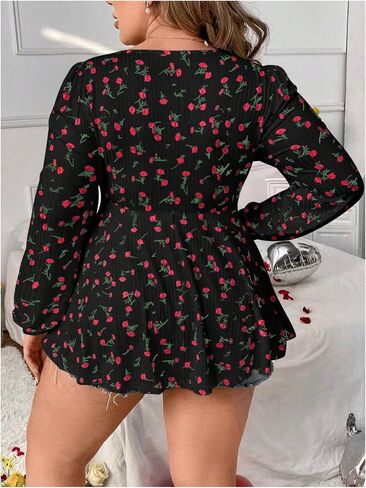 SOLY HUX Women's Plus Size T Shirt Floral Print Lace Trim Bishop Long Sleeve Ruffle Hem Tee Tops in Saudi Arabia