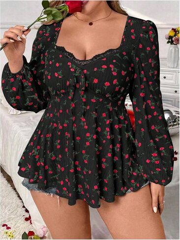 SOLY HUX Women's Plus Size T Shirt Floral Print Lace Trim Bishop Long Sleeve Ruffle Hem Tee Tops in Saudi Arabia
