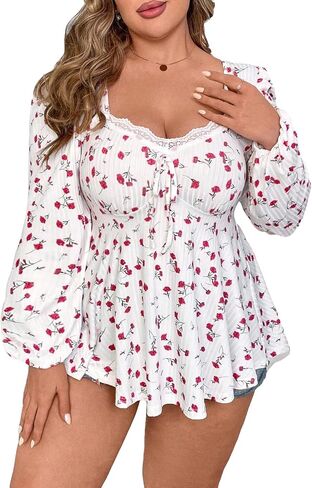 SOLY HUX Women's Plus Size T Shirt Floral Print Lace Trim Bishop Long Sleeve Ruffle Hem Tee Tops in Saudi Arabia