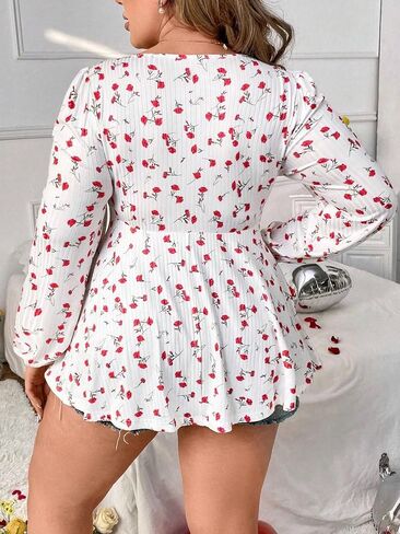 SOLY HUX Women's Plus Size T Shirt Floral Print Lace Trim Bishop Long Sleeve Ruffle Hem Tee Tops in Saudi Arabia