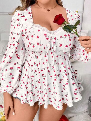 SOLY HUX Women's Plus Size T Shirt Floral Print Lace Trim Bishop Long Sleeve Ruffle Hem Tee Tops in Saudi Arabia