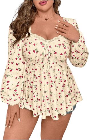 Soly Hux Women's Plus Tirt Tirt Ploral Print Lace Trim Bishop Long Sleeve Hulle Hem Tops Tops in Saudi Arabia