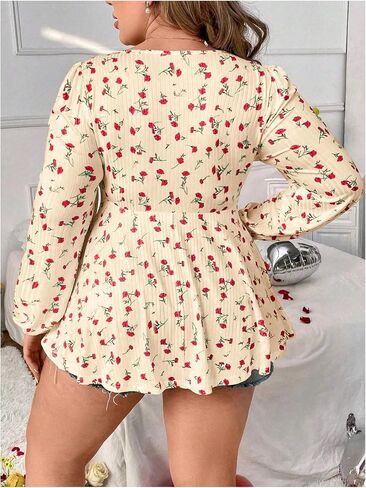 Soly Hux Women's Plus Tirt Tirt Ploral Print Lace Trim Bishop Long Sleeve Hulle Hem Tops Tops in Saudi Arabia