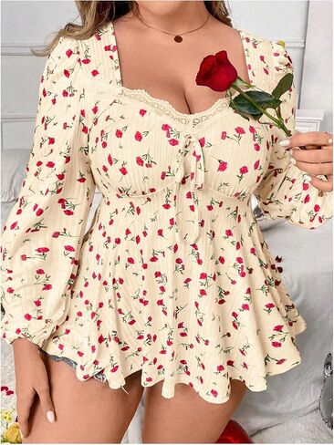 Soly Hux Women's Plus Tirt Tirt Ploral Print Lace Trim Bishop Long Sleeve Hulle Hem Tops Tops in Saudi Arabia