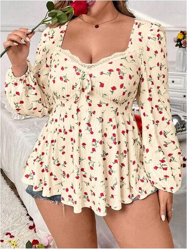 Soly Hux Women's Plus Tirt Tirt Ploral Print Lace Trim Bishop Long Sleeve Hulle Hem Tops Tops in Saudi Arabia
