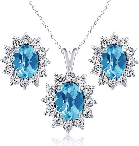 Gem Stone King 925 Sterling Silver Sky Blue Aquamarine Pendant and Earrings Jewelry Set For Women (3.14 Cttw, Gemstone March Birthstone, Oval 8X6MM and 7X5MM, with 18 Inch Silver Chain) in Saudi Arabia