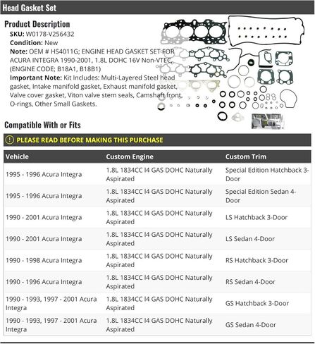 مجموعة حشية رأس الأسطوانة-متوافقة مع 1990-2001 Acura Integra 1.8L DOHC 16V NonVTEC in Saudi Arabia