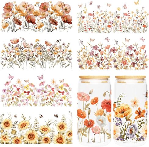 UV DTF Cup Wraps - 8 Sheet Flower UV DTF Transfer Stickers, Sunflower UVDTF Cup Wraps for 16 oz, Floral Waterproof Transfers for Glass, DIY Crafts in Kuwait