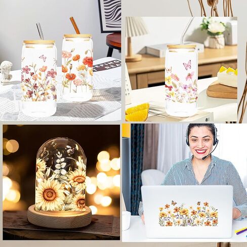 UV DTF Cup Wraps - 8 Sheet Flower UV DTF Transfer Stickers, Sunflower UVDTF Cup Wraps for 16 oz, Floral Waterproof Transfers for Glass, DIY Crafts in Kuwait