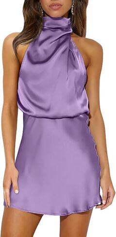 GOBLES Women's Sexy Summer Cold Shoulder Mock Neck Satin Mini Party Dress in Saudi Arabia