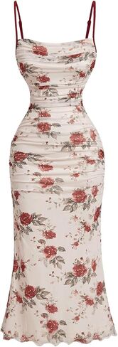 GORGLITTER Women's Mesh Ruched Floral Bodycon Midi Dress Sleeveless Fishtail Cami Dresses in Kuwait