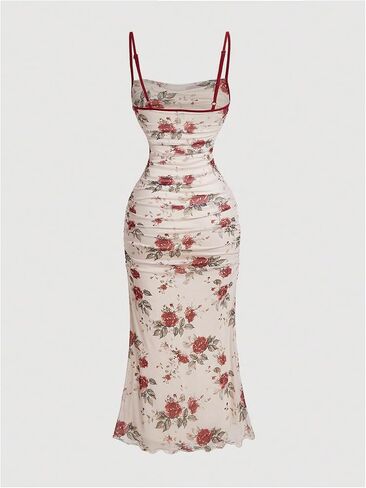 GORGLITTER Women's Mesh Ruched Floral Bodycon Midi Dress Sleeveless Fishtail Cami Dresses in Kuwait