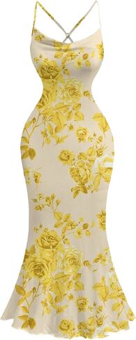 GORGLITTER Women's Mesh Ruched Floral Bodycon Midi Dress Sleeveless Fishtail Cami Dresses in Kuwait