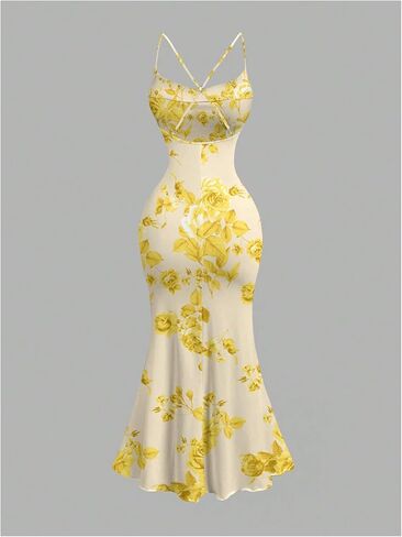 GORGLITTER Women's Mesh Ruched Floral Bodycon Midi Dress Sleeveless Fishtail Cami Dresses in Kuwait
