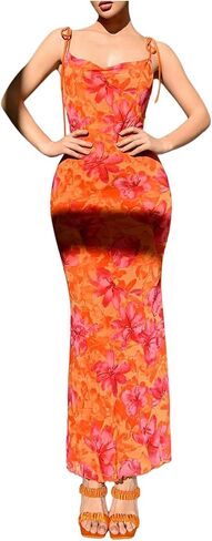 Gorglitter Women's Mesh Ruched Floral Bodycon Midi Dress Dressless Fishveless Cami Dresses in Saudi Arabia