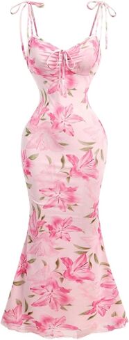 GORGLITTER Women's Mesh Ruched Floral Bodycon Midi Dress Sleeveless Fishtail Cami Dresses in Kuwait