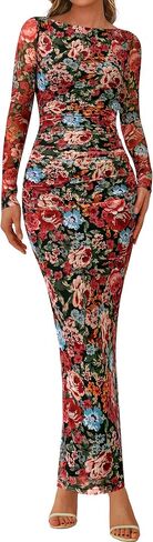 PRETTYGARDEN Women's Long Sleeve Bodycon Dresses 2025 Fall Sexy Floral Mesh Slit Ruched Tight Maxi Wedding Guest Dress in Saudi Arabia