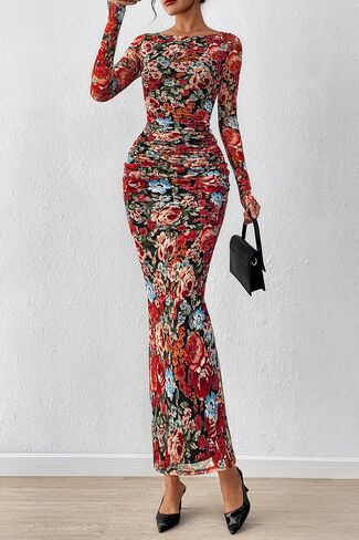 PRETTYGARDEN Women's Long Sleeve Bodycon Dresses 2025 Fall Sexy Floral Mesh Slit Ruched Tight Maxi Wedding Guest Dress in Saudi Arabia