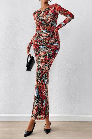 PRETTYGARDEN Women's Long Sleeve Bodycon Dresses 2025 Fall Sexy Floral Mesh Slit Ruched Tight Maxi Wedding Guest Dress in Saudi Arabia