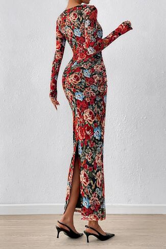PRETTYGARDEN Women's Long Sleeve Bodycon Dresses 2025 Fall Sexy Floral Mesh Slit Ruched Tight Maxi Wedding Guest Dress in Saudi Arabia