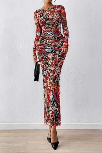 PRETTYGARDEN Women's Long Sleeve Bodycon Dresses 2025 Fall Sexy Floral Mesh Slit Ruched Tight Maxi Wedding Guest Dress in Saudi Arabia