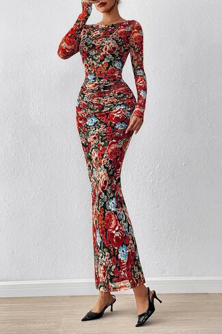 PRETTYGARDEN Women's Long Sleeve Bodycon Dresses 2025 Fall Sexy Floral Mesh Slit Ruched Tight Maxi Wedding Guest Dress in Saudi Arabia