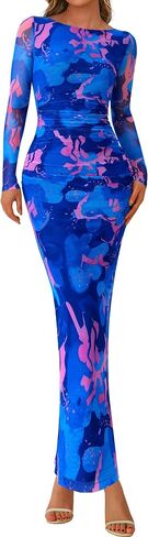 PRETTYGARDEN Women's Long Sleeve Bodycon Dresses 2025 Fall Sexy Floral Mesh Slit Ruched Tight Maxi Wedding Guest Dress in Saudi Arabia