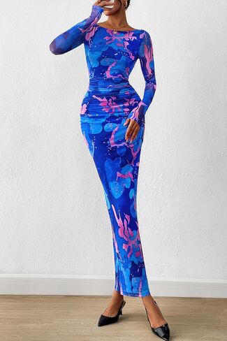 PRETTYGARDEN Women's Long Sleeve Bodycon Dresses 2025 Fall Sexy Floral Mesh Slit Ruched Tight Maxi Wedding Guest Dress in Saudi Arabia