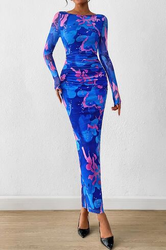 PRETTYGARDEN Women's Long Sleeve Bodycon Dresses 2025 Fall Sexy Floral Mesh Slit Ruched Tight Maxi Wedding Guest Dress in Saudi Arabia