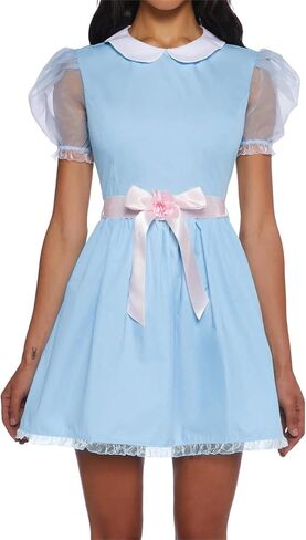 Alyweatry Women Grady Twins Costume Puff Short Sleeve Blue Babydoll Mini Dress Twins Cosplay for Halloween Party in Kuwait