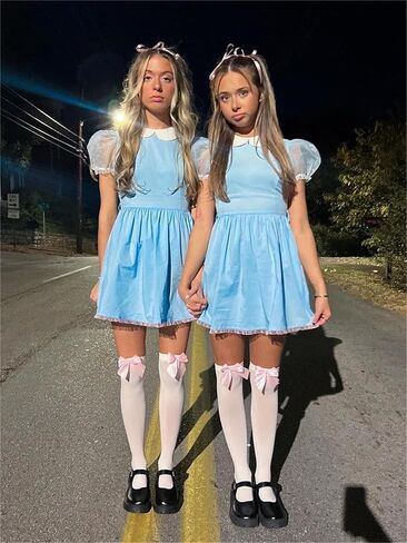Alyweatry Women Grady Twins Costume Puff Short Sleeve Blue Babydoll Mini Dress Twins Cosplay for Halloween Party in Kuwait