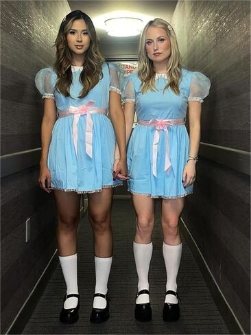 Alyweatry Women Grady Twins Costume Puff Short Sleeve Blue Babydoll Mini Dress Twins Cosplay for Halloween Party in Kuwait