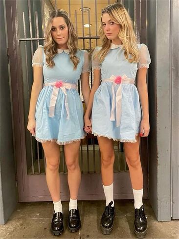 Alyweatry Women Grady Twins Costume Puff Short Sleeve Blue Babydoll Mini Dress Twins Cosplay for Halloween Party in Kuwait