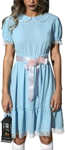 Alyweatry Women Grady Twins Costume Puff Short Sleeve Blue Babydoll Mini Dress Twins Cosplay for Halloween Party in Kuwait