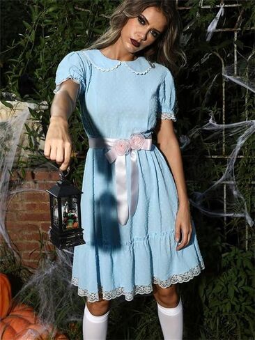 Alyweatry Women Grady Twins Costume Puff Short Sleeve Blue Babydoll Mini Dress Twins Cosplay for Halloween Party in Kuwait