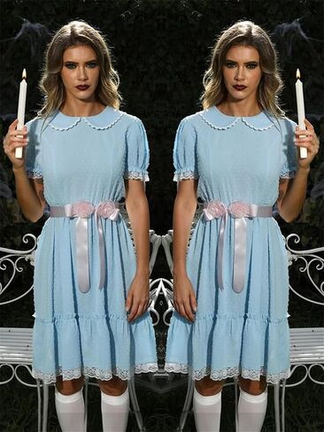 Alyweatry Women Grady Twins Costume Puff Short Sleeve Blue Babydoll Mini Dress Twins Cosplay for Halloween Party in Kuwait