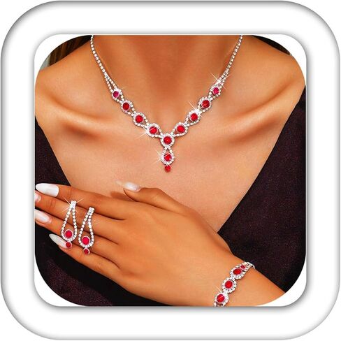 Aukmla Silver Crystal Bridal Jewelry Set Rhinestone Wedding Necklace Earrings Bracelet Sets Prom Costume Necklaces for Women and Brides in Saudi Arabia