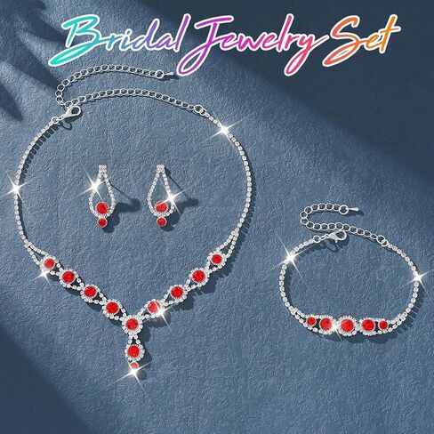 Aukmla Silver Crystal Bridal Jewelry Set Rhinestone Wedding Necklace Earrings Bracelet Sets Prom Costume Necklaces for Women and Brides in Saudi Arabia