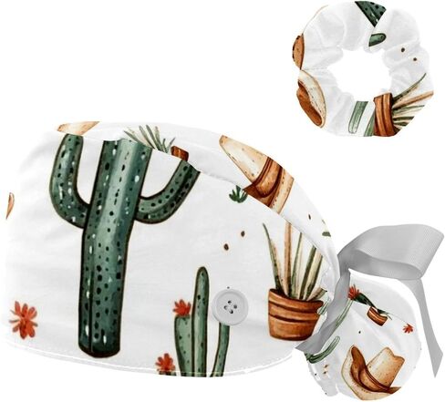 Cowboy Hat Cactuses Western Scrub Cap عمل قبعة الشعر غطاء الشعر خشن ، ضمادة مرنة التعادل القبعات للنساء in Kuwait