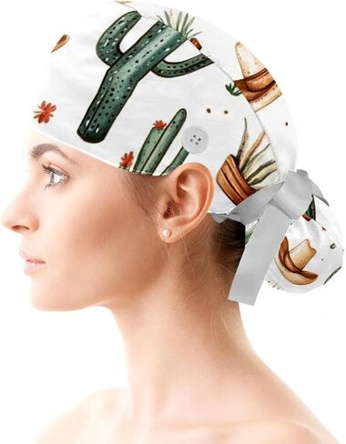 Cowboy Hat Cactuses Western Scrub Cap عمل قبعة الشعر غطاء الشعر خشن ، ضمادة مرنة التعادل القبعات للنساء in Kuwait